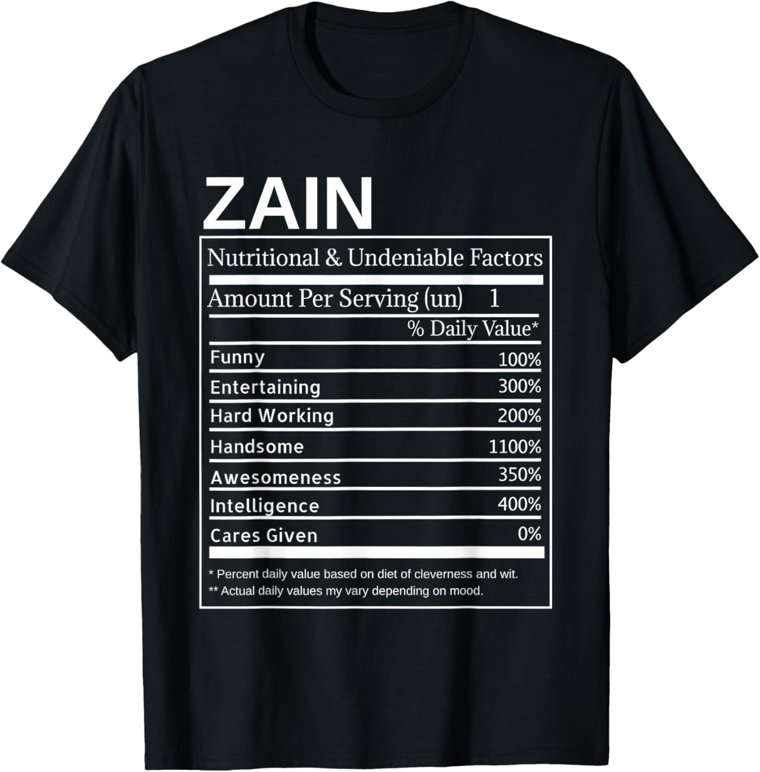 Zain Nutrition Facts Funny Sarcastic Personalized Name