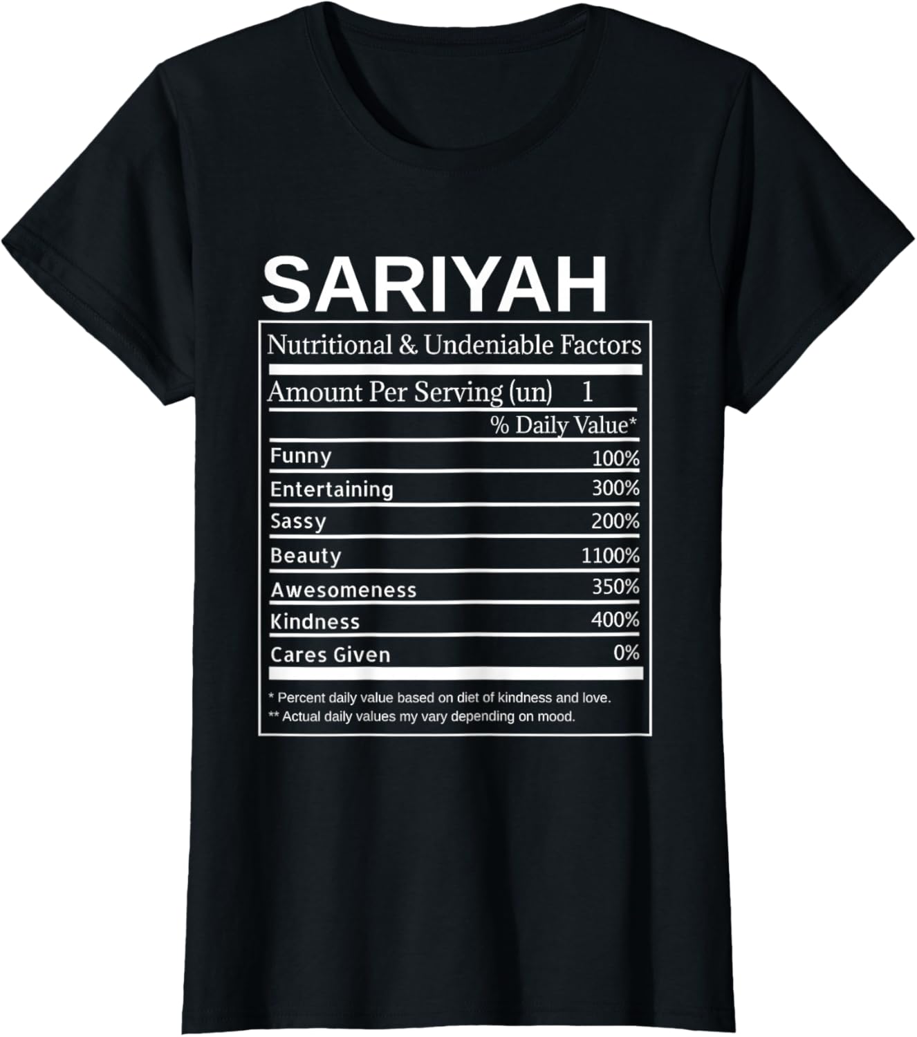 Sariyah Nutrition Facts Funny Sarcastic Personalized Name