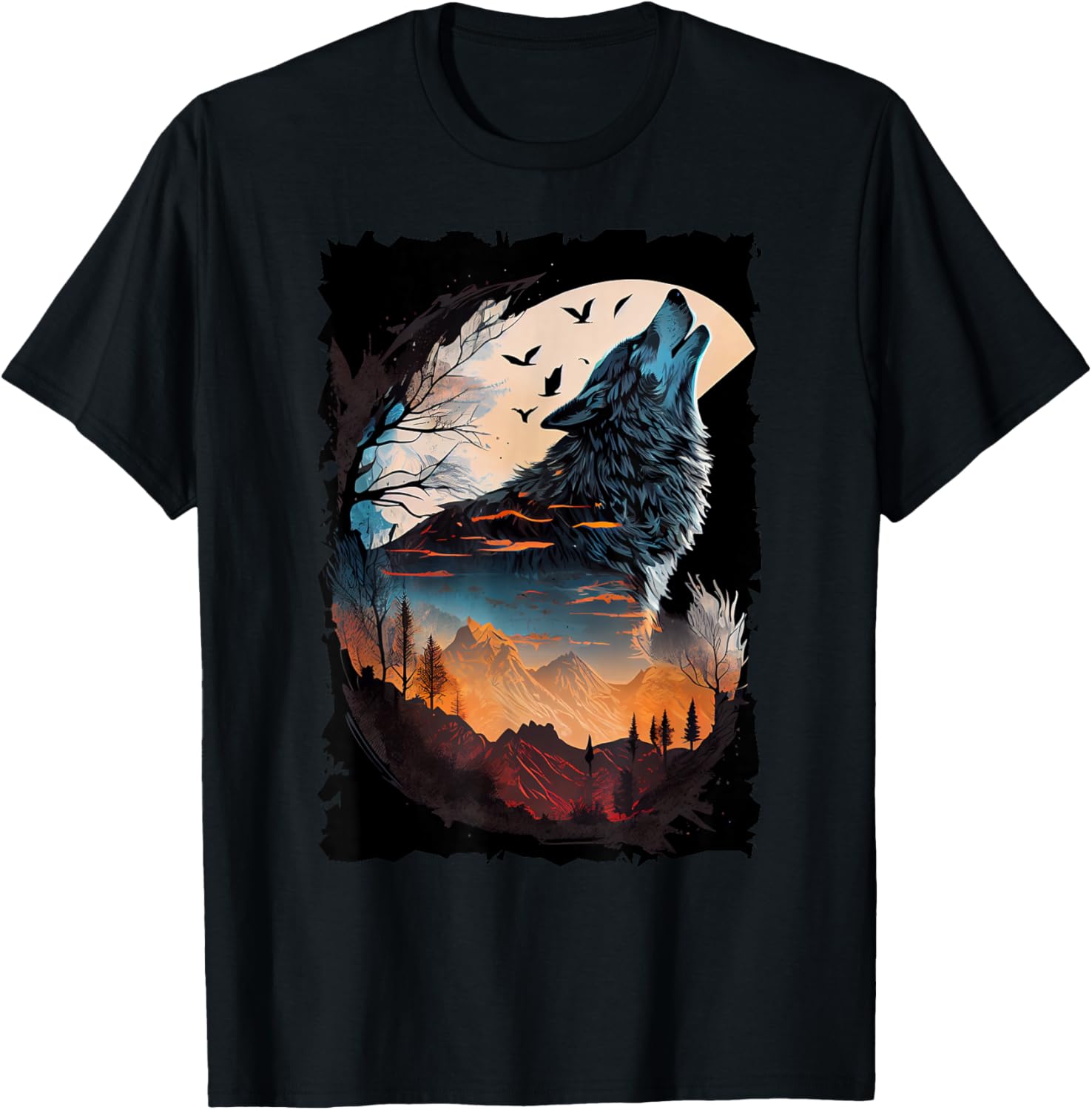 Wolf with Mountain Sunset Retro Wildlife Adventure