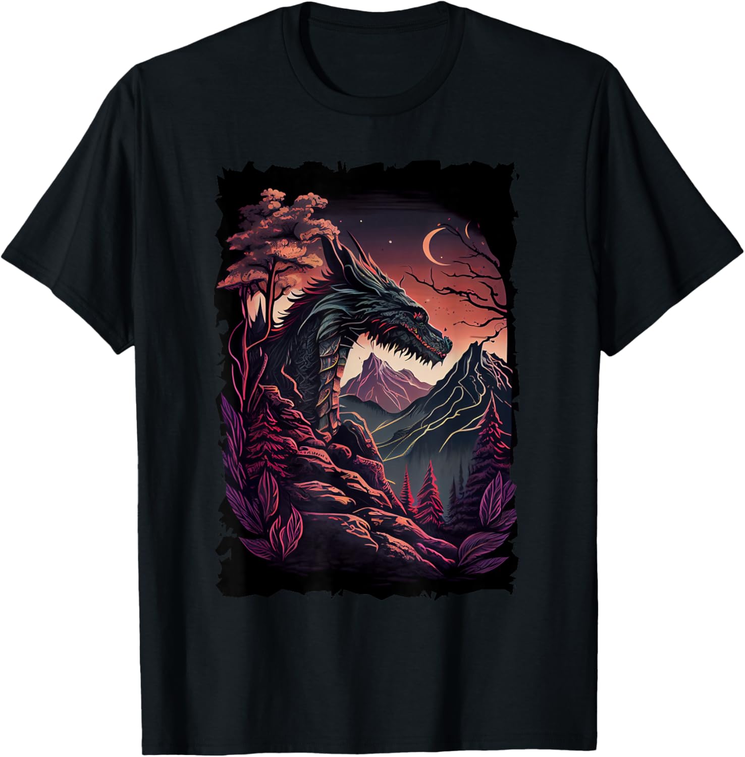 Dragon with Mountain Sunset Retro Fantasy Adventure Design